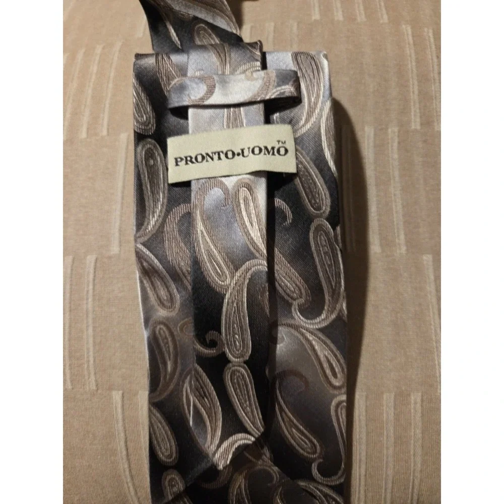 Pronto Uomo 100% Silk Designer Necktie Gray/Silver Paisley‎ EUC